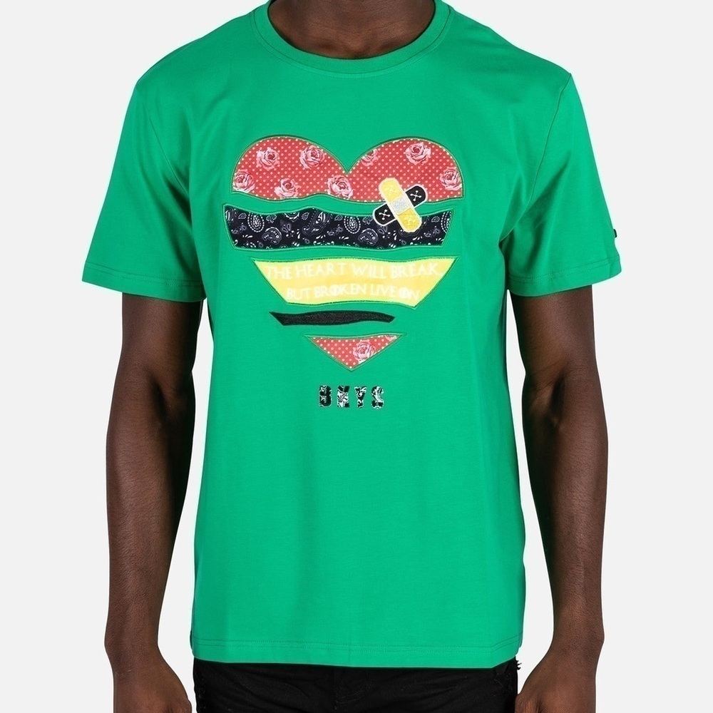 BKYS Mens Green Graphic Heart Applique T-Shirt Medium Streetwear Short Sleeve